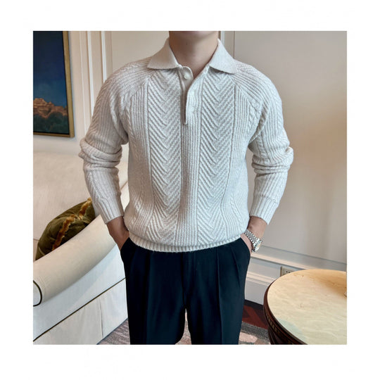 Herren Polokragen-Zopfstrick-Pullover mit halber Knopfleiste Shop Nory