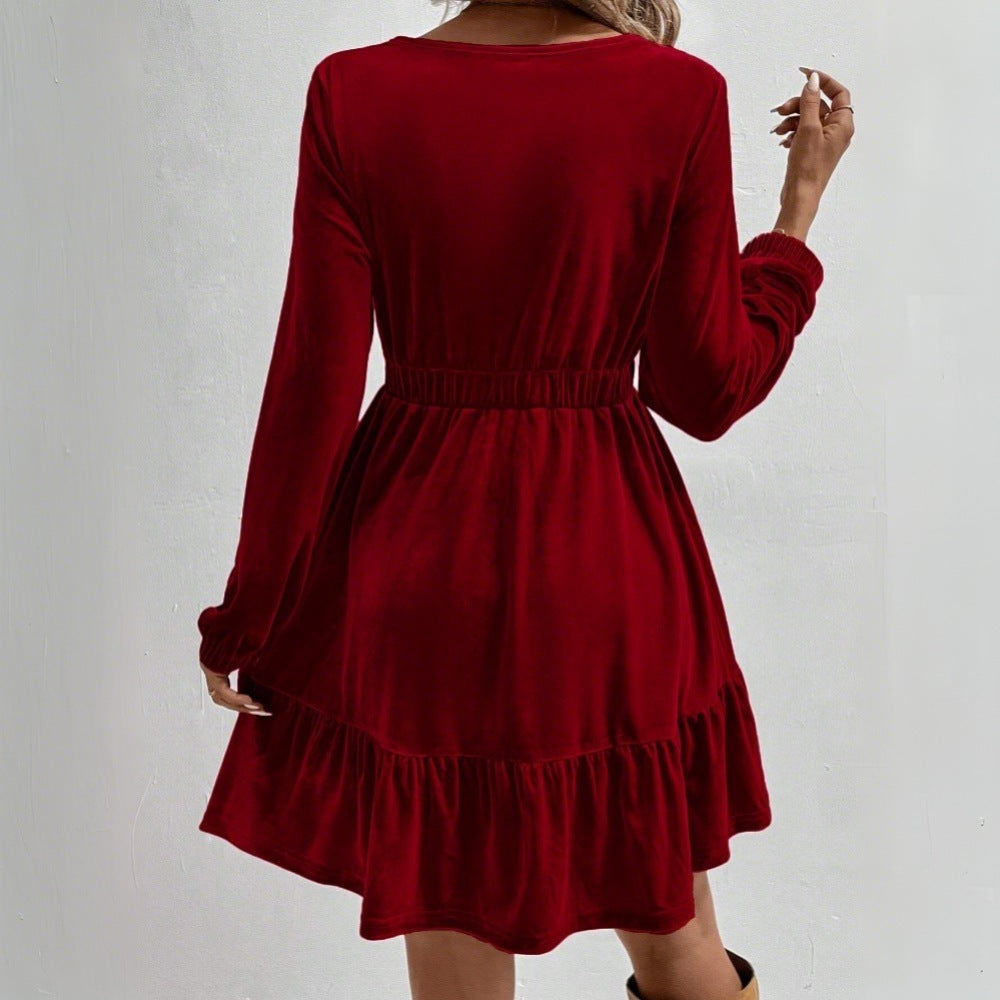 Damen Samt‑Minikleid mit elastischer Taillennaht und stufigem Volantrock Shop Nory