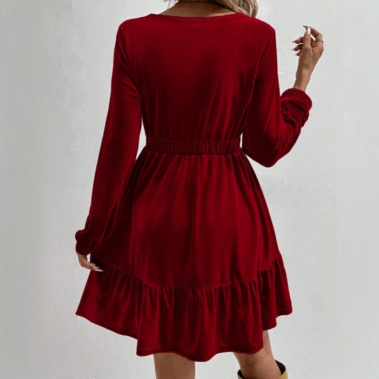 Damen Samt‑Minikleid mit elastischer Taillennaht und stufigem Volantrock Shop Nory
