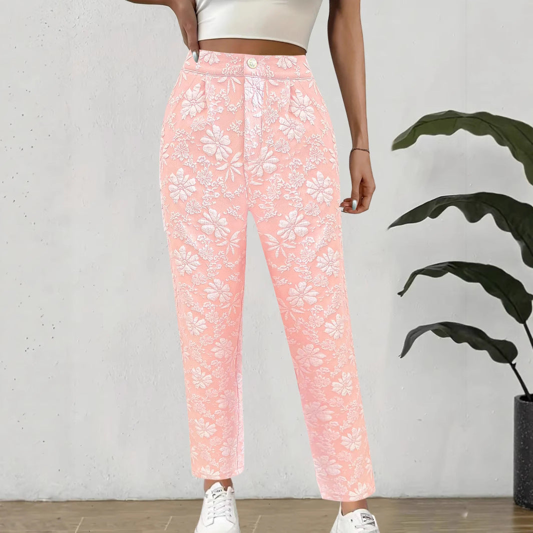Damen Hochtaillierte Bundfalten‑Hose mit floralem Jacquard und geradem Bein Shop Nory