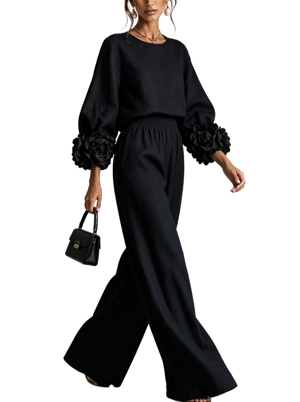 Damen Zweiteiliges Ensemble mit Ballonärmeln und Blumenmanschetten Shop Nory