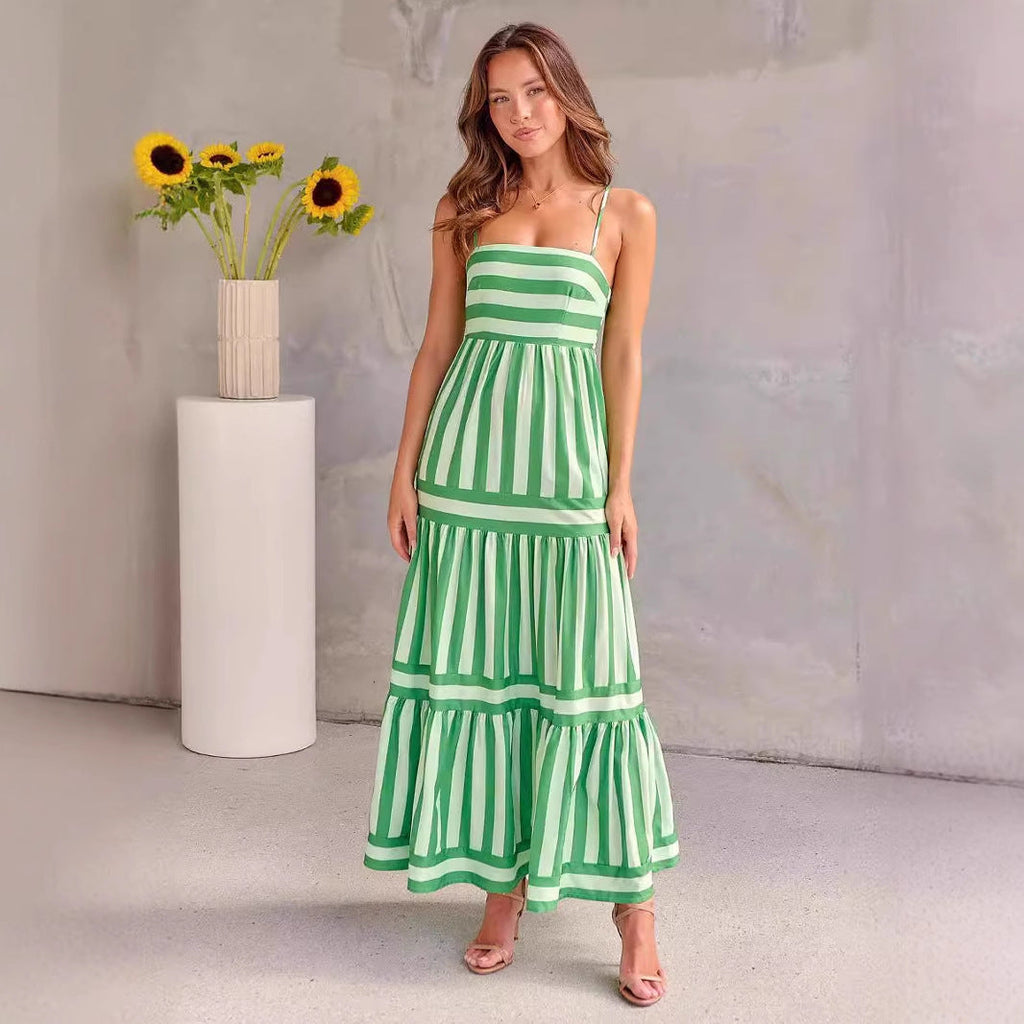 Damen Maxikleid mit Streifenmuster und fließendem Rock