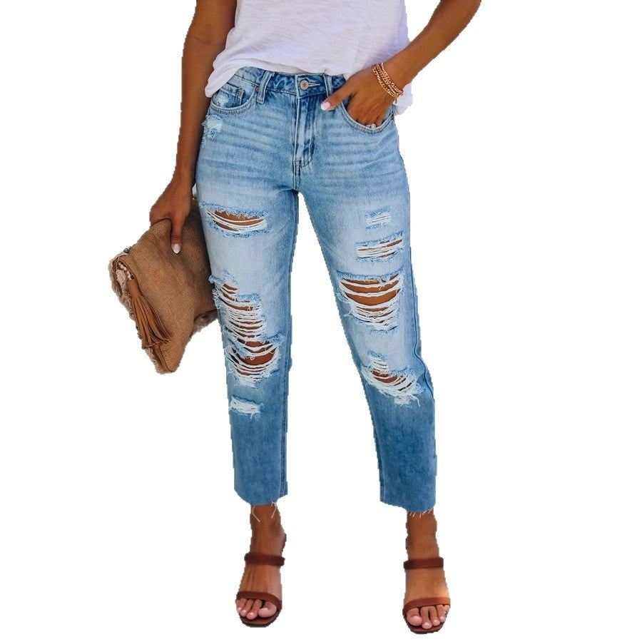 Damen Hohe Taillierte Ripped Jeans im modernen Straight-Leg Schnitt