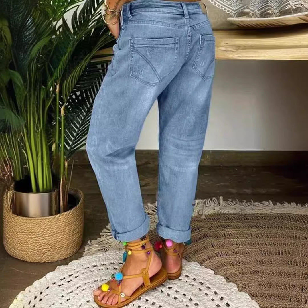 Damen Boyfriend-Jeans mit Knopfleiste und Distressed-Details