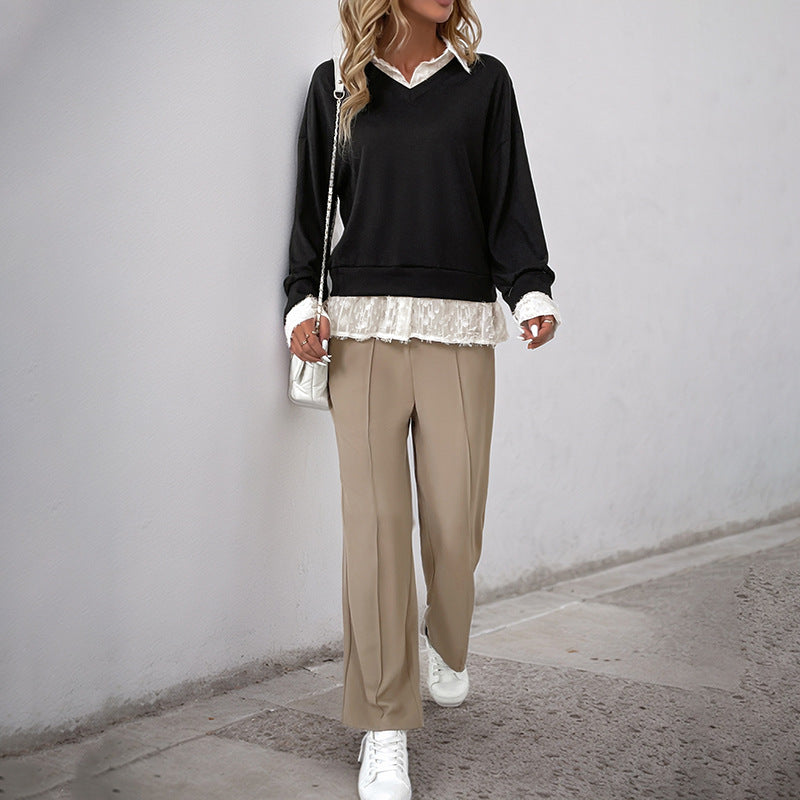 Damen Layered-Feinstrickpullover mit V-Ausschnitt und integriertem Spitzenbluseneinsatz Shop Nory