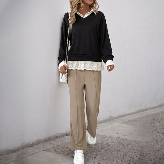 Damen Layered-Feinstrickpullover mit V-Ausschnitt und integriertem Spitzenbluseneinsatz Shop Nory