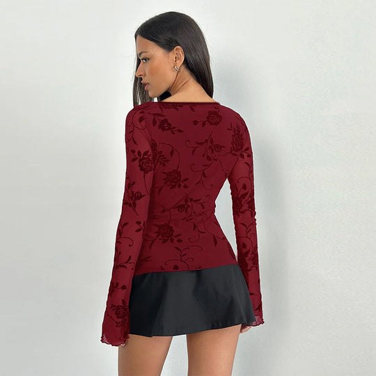 Damen Tailliertes Langarmshirt mit V‑Ausschnitt und Spitzenbesatz Shop Nory