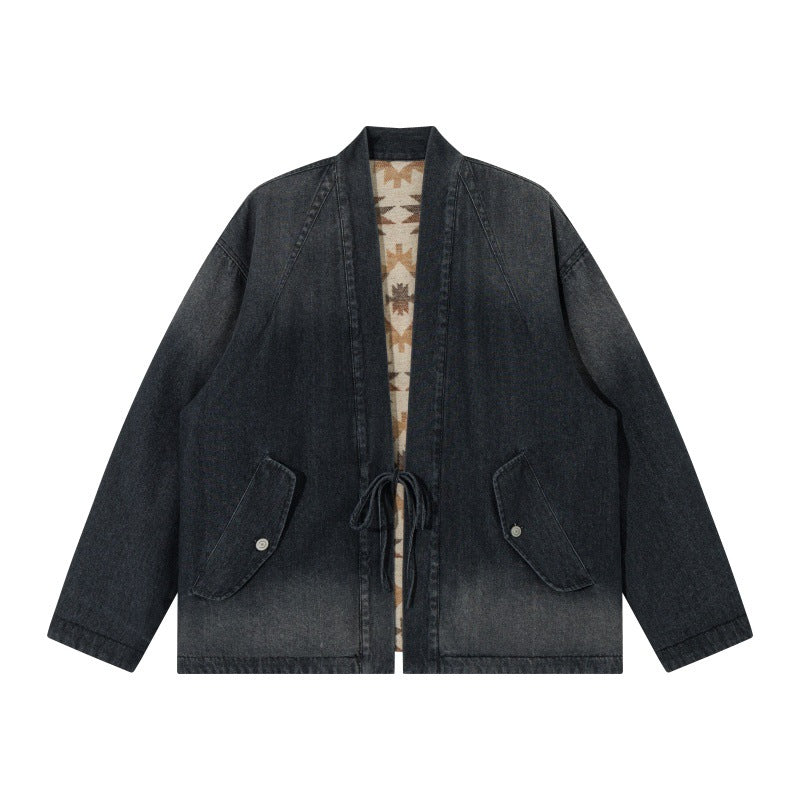 Unisex Jeans-Kimonojacke mit Bindegürtel und gemusterter Futterung Shop Nory