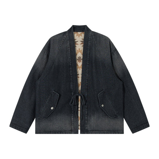 Unisex Jeans-Kimonojacke mit Bindegürtel und gemusterter Futterung Shop Nory