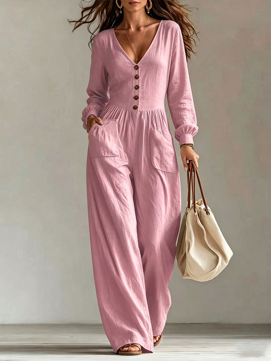 Damen Leinen-Einteiler mit V-Ausschnitt, Knopfleiste und weitem Beinschnitt Shop Nory