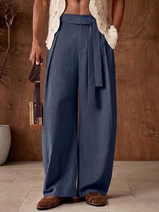 Herren weit geschnittene Leinenhose mit hoher Taille und Bindegürtel Shop Nory