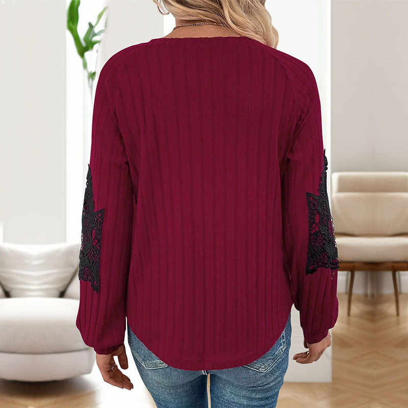 Damen Leichter Rippstrick-Pullover mit V-Ausschnitt und floraler Spitzenapplikation an den Ärmeln Shop Nory