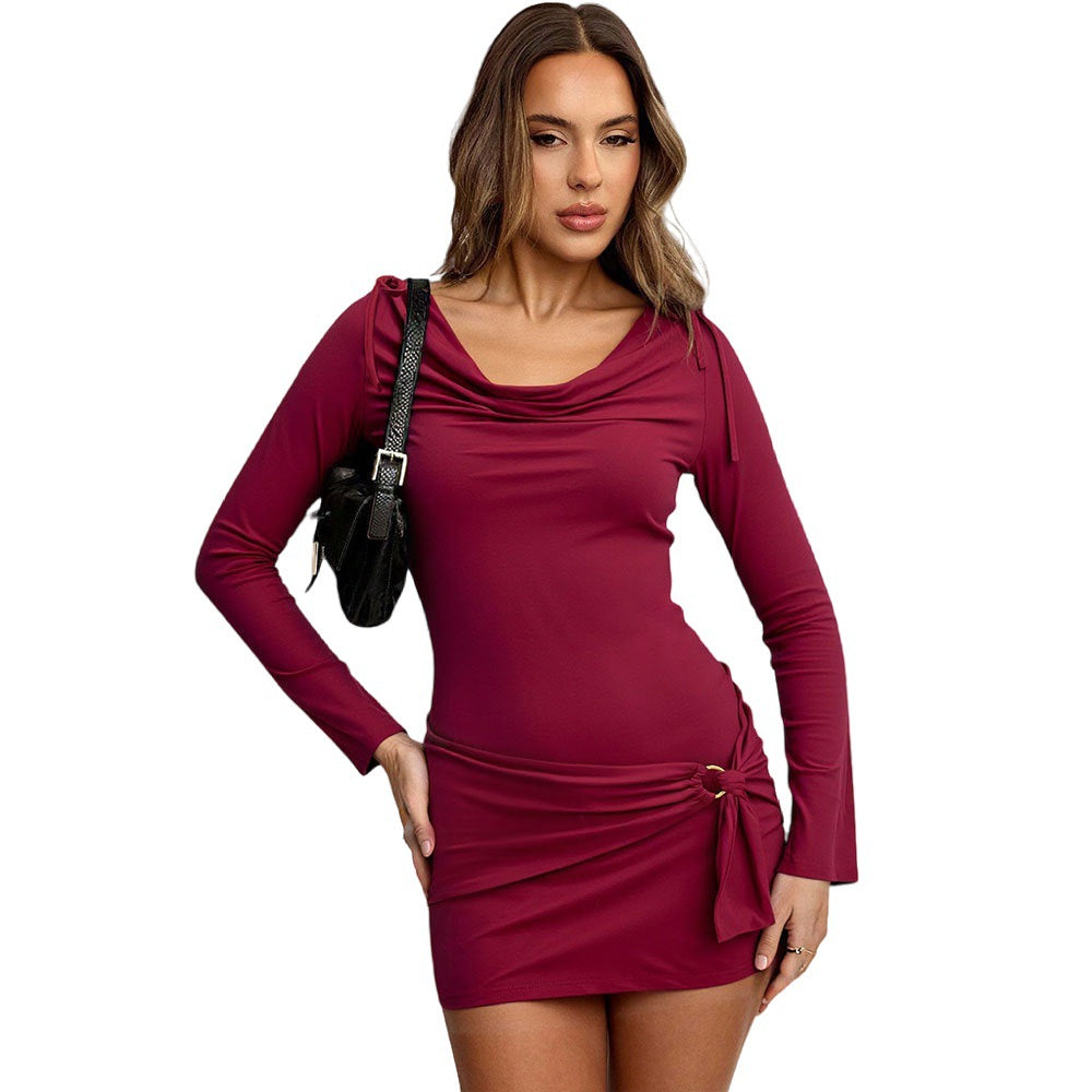 Damen figurbetontes Stretch-Minikleid mit Wasserfallkragen, langen Ärmeln und seitlicher Knotendrapierung Shop Nory