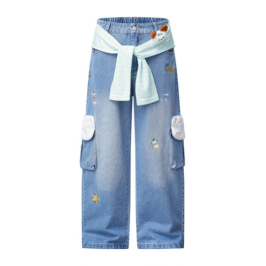 Damen Weiter Cargo-Jeans mit Plüschtaschen, Stickereien und elastischem Bund Shop Nory