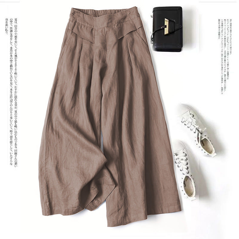 Damen Weit geschnittene Leinenhose mit hohem Bund und eleganten Falten