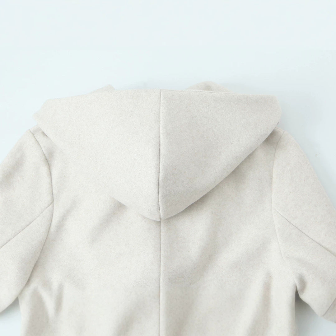 Damen Langer taillierter Mantel mit Kapuze, Bindegürtel und doppelreihiger Knopfleiste Shop Nory