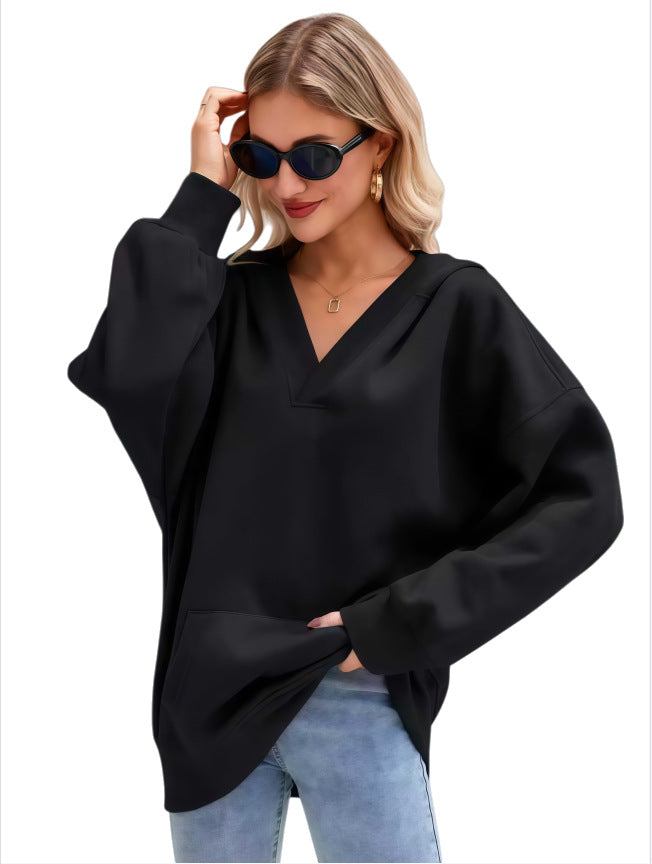 Damen Oversize V-Ausschnitt Hoodie mit Kapuze, Kängurutasche und verlängertem Saum Shop Nory