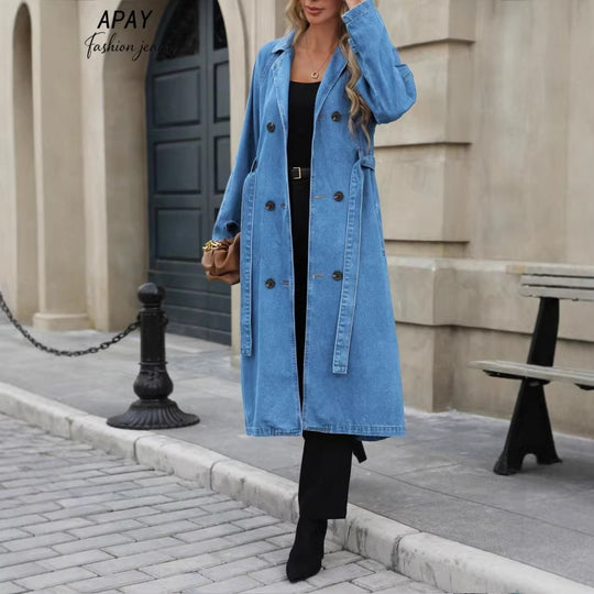 Damen Langer Denim-Trenchcoat mit Bindegürtel und Raglanärmeln Shop Nory