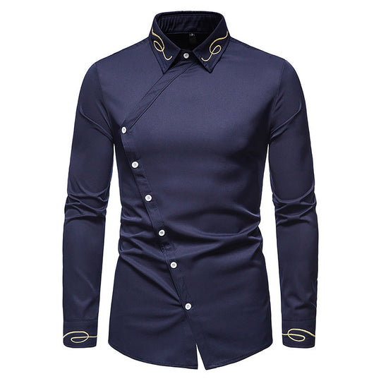 Herren Elegantes Langarmhemd mit asymmetrischem Knopfdesign und gesticktem Kragen
