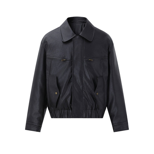 Herren Kurzer Boxy-Lederblouson mit Pattentaschen und elastischem Bund Shop Nory