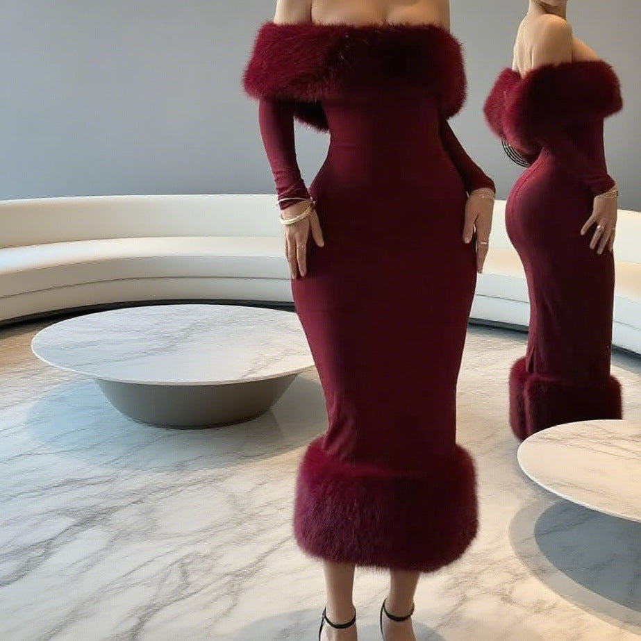 Damen Elegantes Abendkleid mit luxuriösem Federbesatz