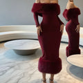Damen Elegantes Abendkleid mit luxuriösem Federbesatz