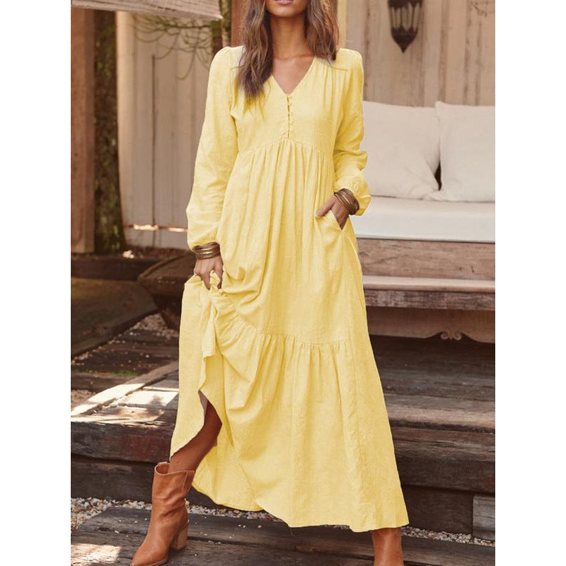 Damen Langes Stufenkleid aus Leinenmix mit V-Ausschnitt und Eingrifftaschen Shop Nory