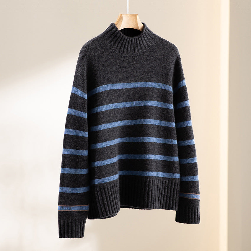 Damen Gestreifter Feinstrick-Pullover mit halbhohem Rippkragen und geripptem Saum Shop Nory