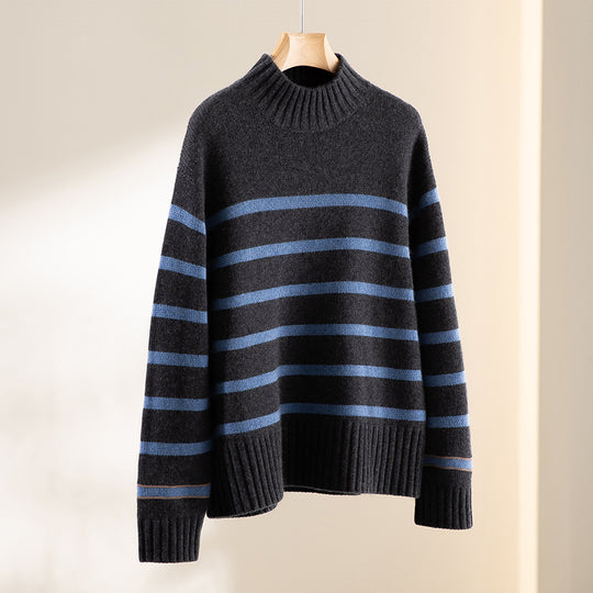 Damen Gestreifter Feinstrick-Pullover mit halbhohem Rippkragen und geripptem Saum Shop Nory