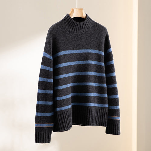 Damen Gestreifter Feinstrick-Pullover mit halbhohem Rippkragen und geripptem Saum Shop Nory