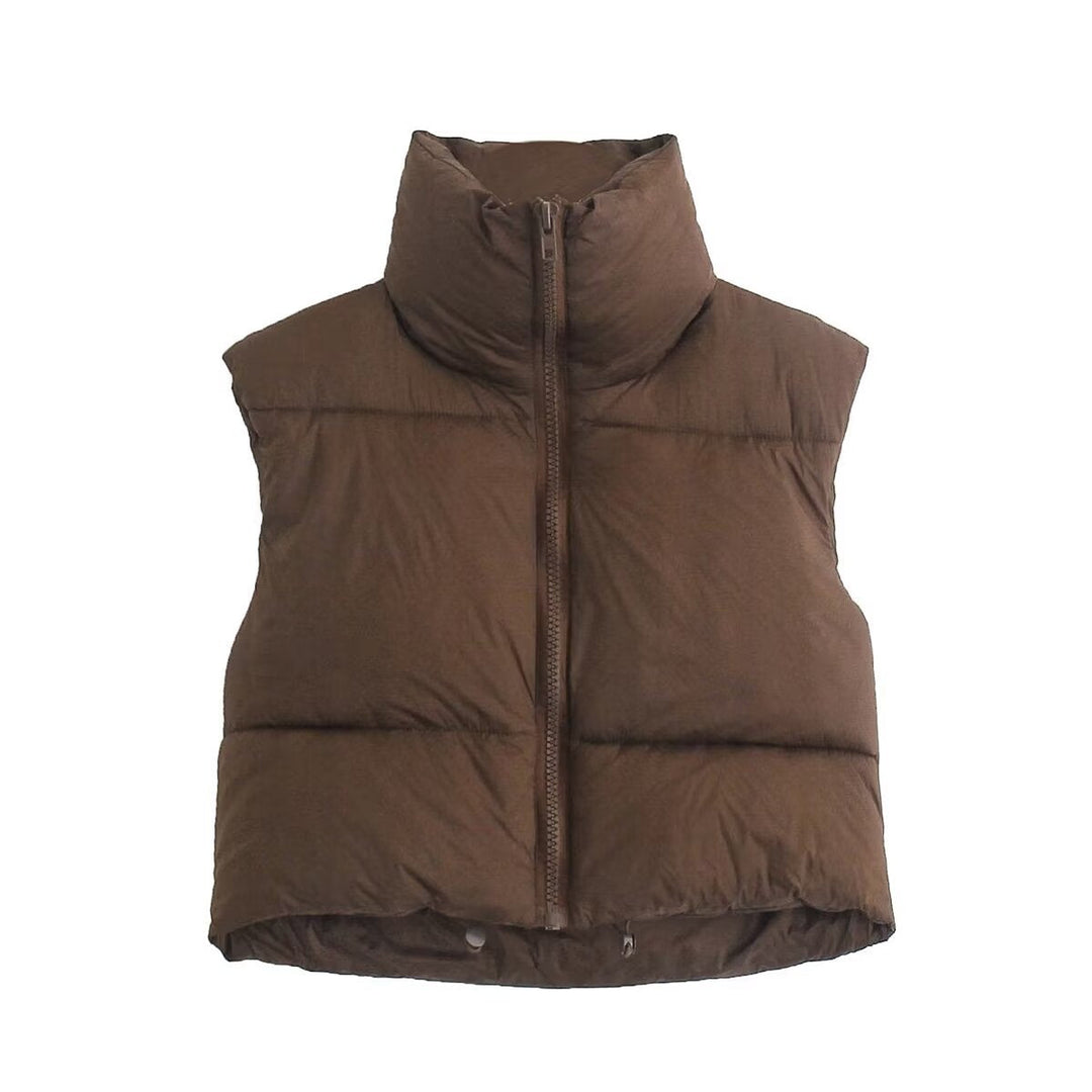 Damen cropped Daunenweste mit hohem Kragen und praktischen Taschen