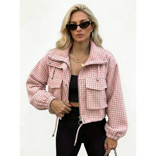 Damen Karo-Cropped-Jacke mit Stehkragen, Tunnelzug und elastischen Bündchen Shop Nory