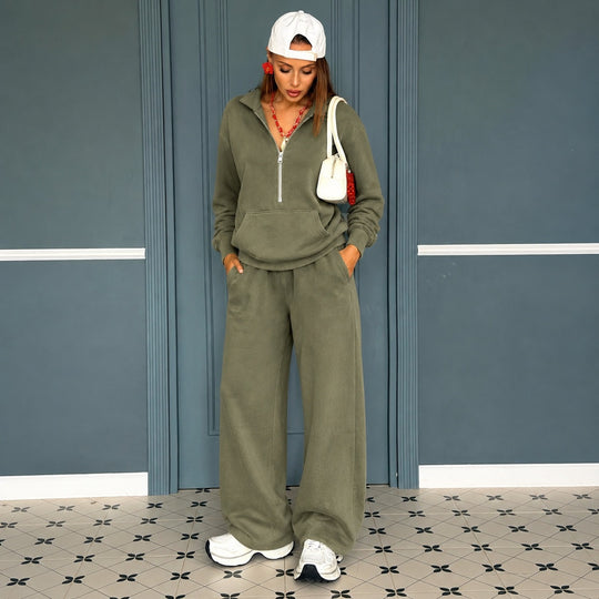 Damen lässiges Zip-Sweatset mit Polokragen und weitem Jogger-Schnitt Shop Nory