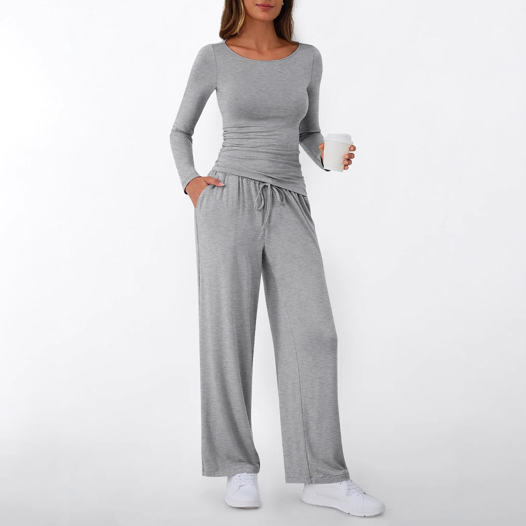 Damen Figurnahes Langarm-Shirt und Palazzo-Jerseyhose Loungewear-Set Shop Nory