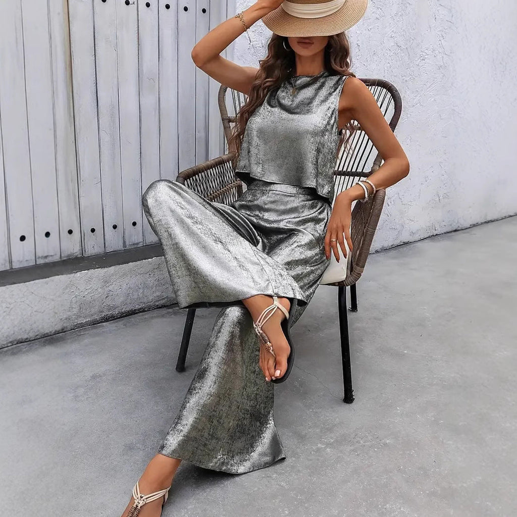 Damen Glänzendes Set aus ärmellosem Oberteil und weitem Hosen Shopnory