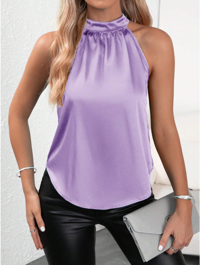 Damen modisches Top mit hohem Kragen und schimmerndem Satin-Finish