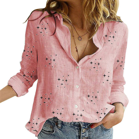 Damen Atmungsaktive Baumwoll‑Leinen Tunika‑Bluse mit Kentkragen, geknöpftem V‑Ausschnitt und gerundetem Saum Shop Nory