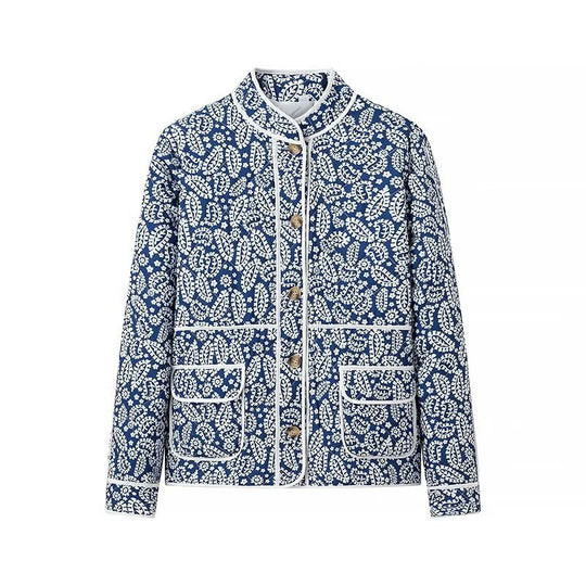 Damen gesteppte Übergangsjacke mit Stehkragen, Paisley‑Print und Kontrastpaspel Shop Nory