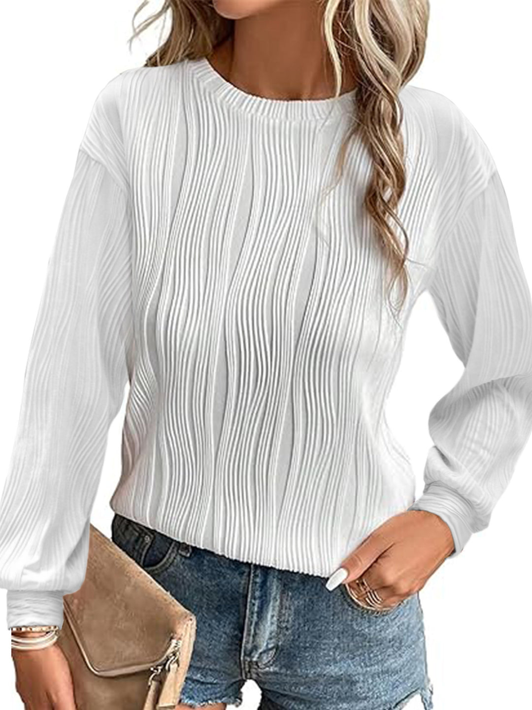 Damen Fein plissiertes Langarmshirt mit Rundhalsausschnitt und strukturierter Wellenoptik Shop Nory