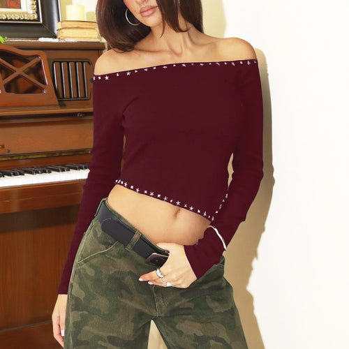 Damen Asymmetrisches Off-Shoulder-Crop-Top mit langen Ärmeln und Nietenbesatz Shop Nory
