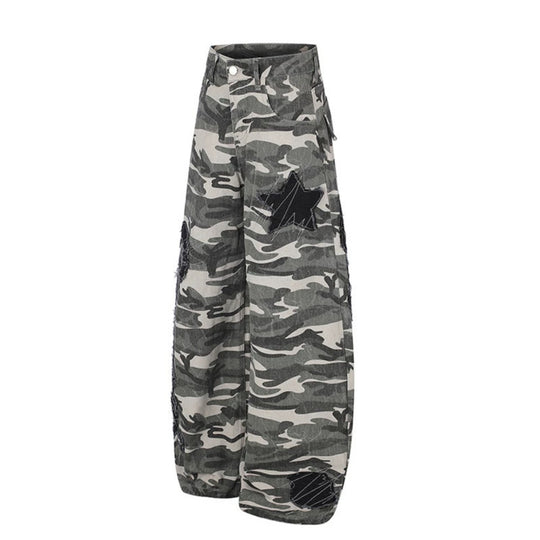 Damen Weite Camouflage‑Palazzo‑Hose mit Ballon‑Saum und dekorativen Stickdetails Shop Nory