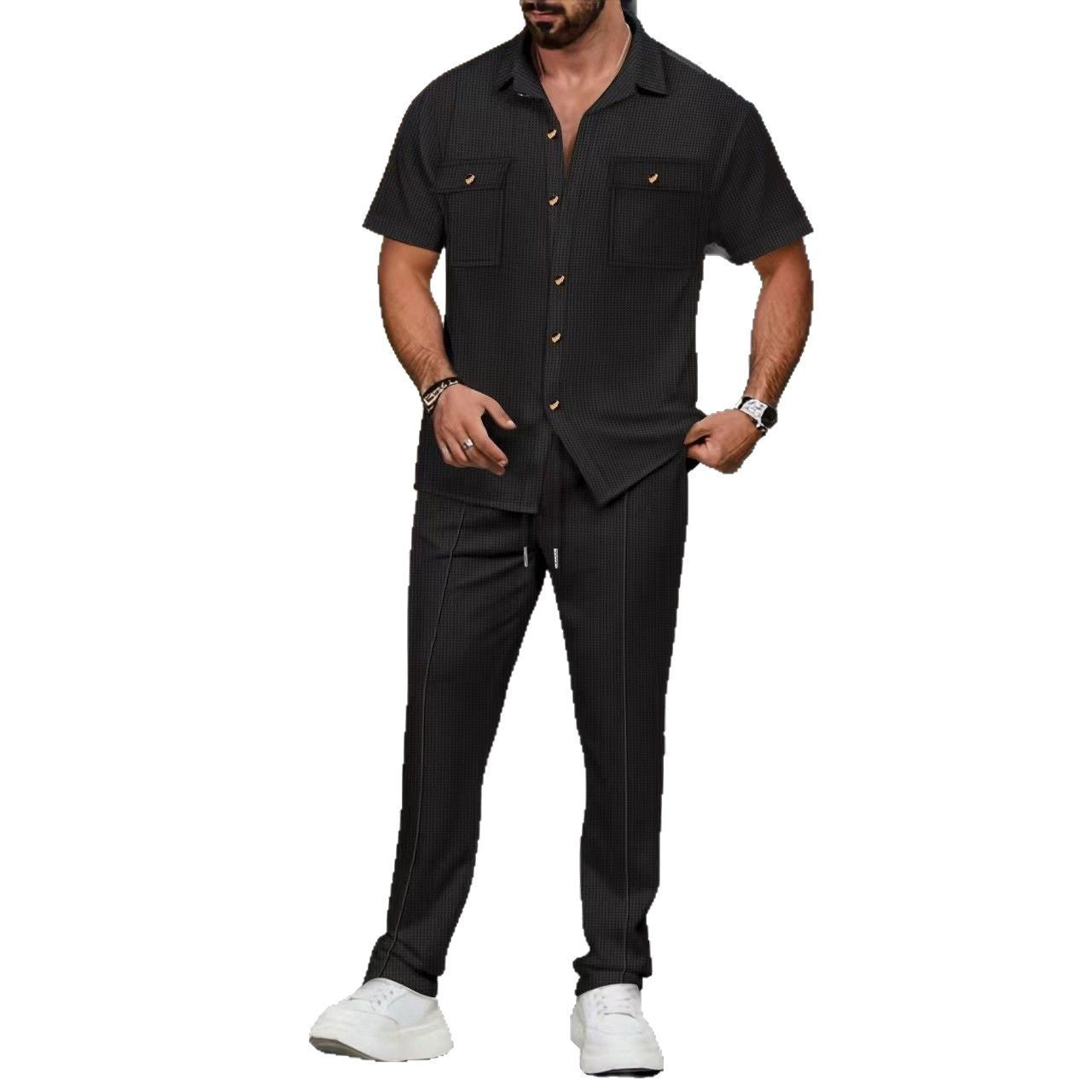 Herren nan lässiges Lounge-Ensemble Campkragen-Hemd mit aufgesetzten Brusttaschen und konisch zulaufender Tunnelzughose Shopnory