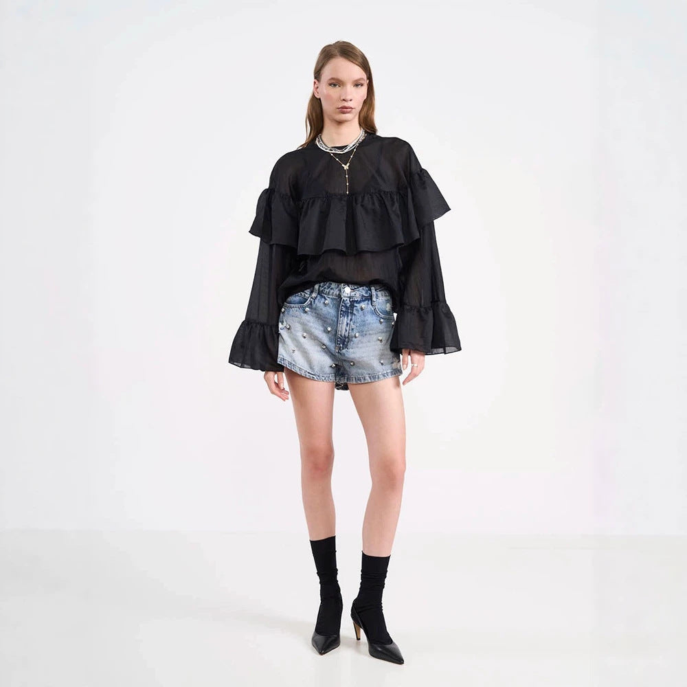Damen Transparente Volantbluse mit doppelter Rüsche und Glockenärmeln Shop Nory