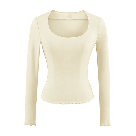 Damen Figurbetontes Langarm-Feinstrickshirt mit quadratischem Ausschnitt und Wellensaum Shop Nory