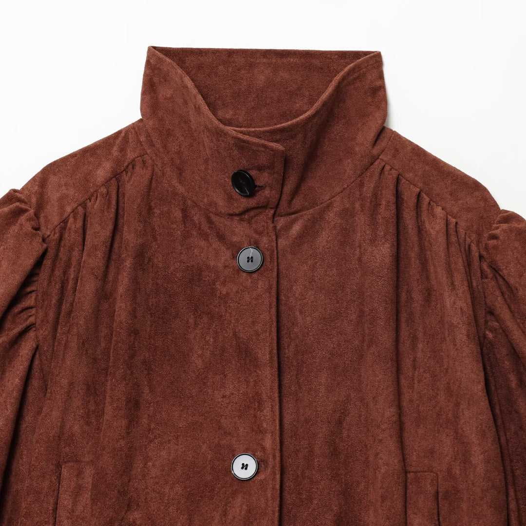 Damen Kurzjacke aus Velourslederimitat mit Stehkragen, gerafften Balloonärmeln und Knopfleiste Shop Nory