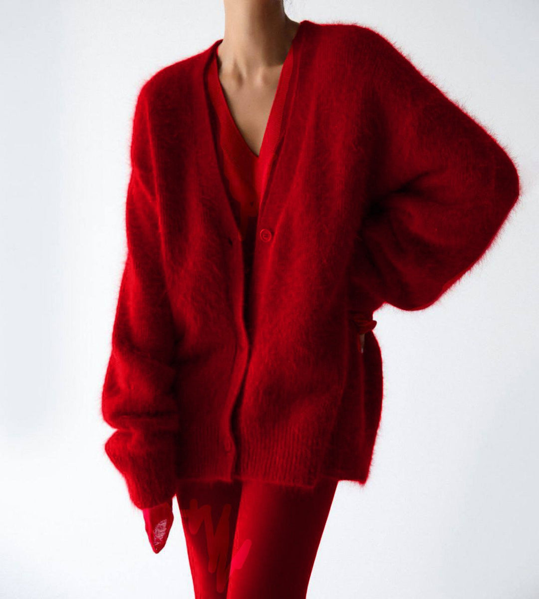 Damen Flauschige Mohair-Optik Strickjacke mit V-Ausschnitt und Oversize-Schnitt Shop Nory
