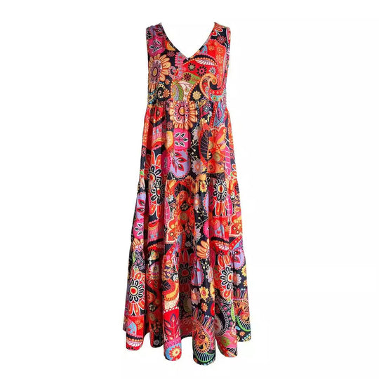 Damen Maxikleid mit buntem Blumenmuster und elegantem V-Ausschnitt