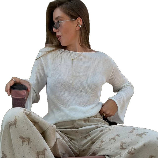 Damen Grobstrick-Pullover mit weitem U-Boot-Ausschnitt & extraweiten Trompetenärmeln Shop Nory