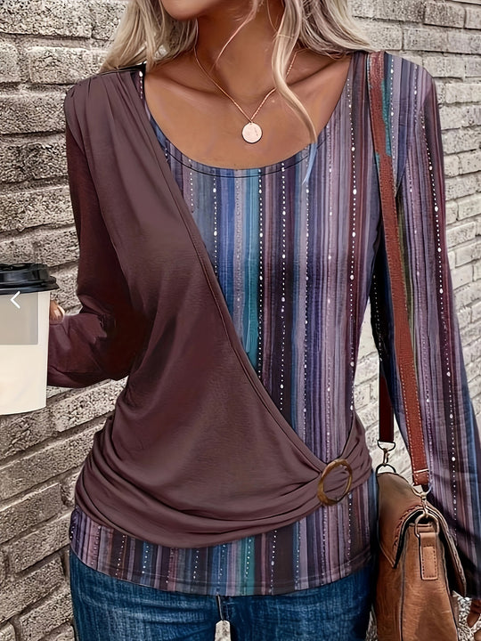 Damen Lagenlook Wickel‑Shirt mit asymmetrischer Drapierung und gestreiftem Unterteil Shop Nory