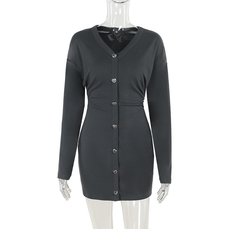 Damen Tailliertes Strick-Knopfmiederkleid mit Herzknöpfen Shop Nory